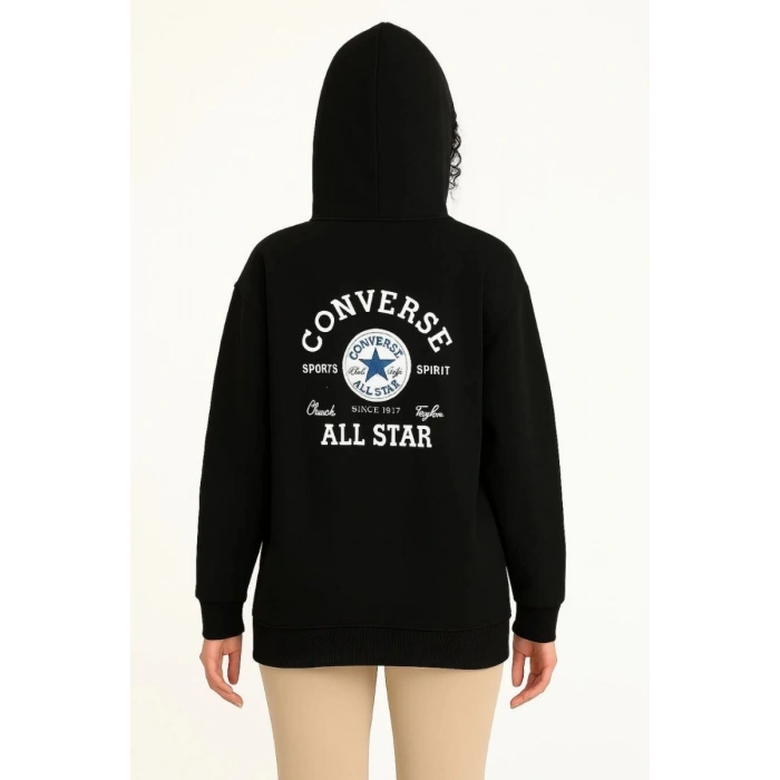 Kadın Kapüşonlu Kanguru Cepli Sweatshirt 3 İplik Pamuklu Baskılı Hoodie - Siyah