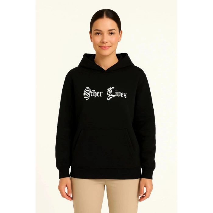 Kadın Kapüşonlu Kanguru Cepli Sweatshirt 3 İplik Pamuklu Baskılı Hoodie - Siyah