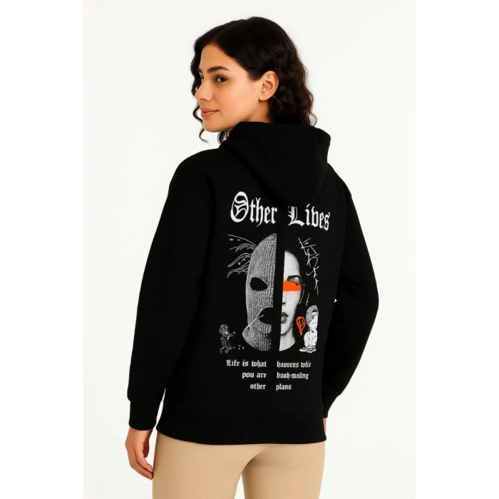 Kadın Kapüşonlu Kanguru Cepli Sweatshirt 3 İplik Pamuklu Baskılı Hoodie - Siyah