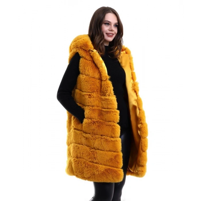 Kadın Kapüşonlu Peluş Kürk Yelek Premium Kalite Tam Astarlı Uzun Model - Sarı