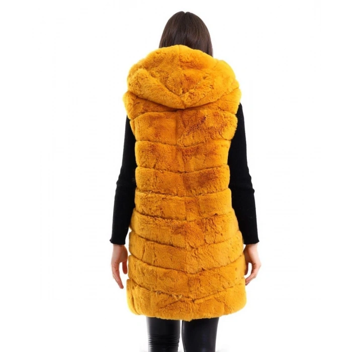 Kadın Kapüşonlu Peluş Kürk Yelek Premium Kalite Tam Astarlı Uzun Model - Sarı