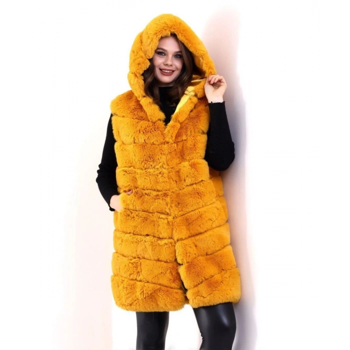 Kadın Kapüşonlu Peluş Kürk Yelek Premium Kalite Tam Astarlı Uzun Model - Sarı