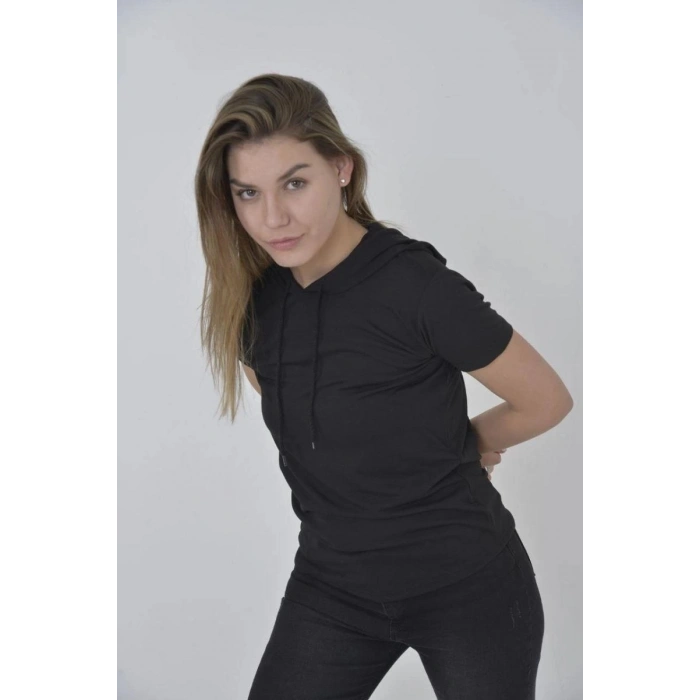 Kadın Kapüşonlu T-Shirt Kısa Kol Bisiklet Yaka Slimfit Tişört   - Siyah