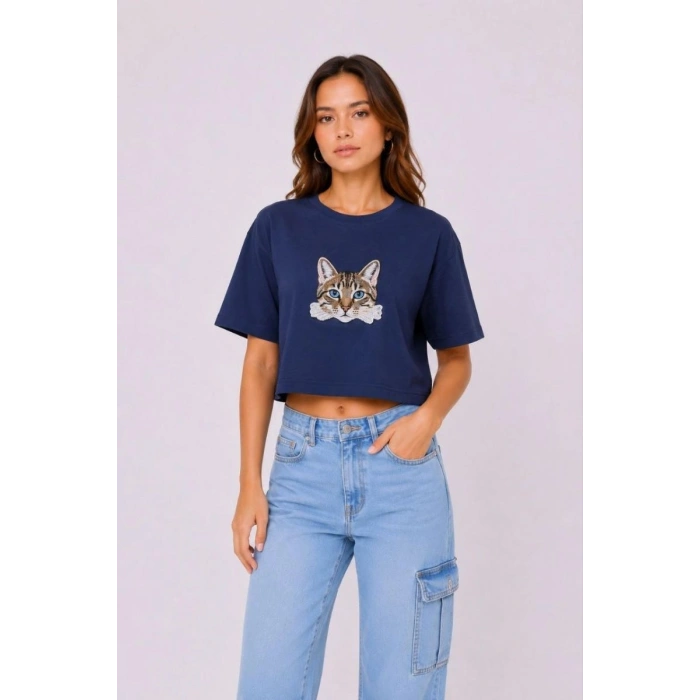 Kadın Kedi Baskılı Oversize Crop Tişört Salaş Basic Yarım Kol T-shirt - Lacivert