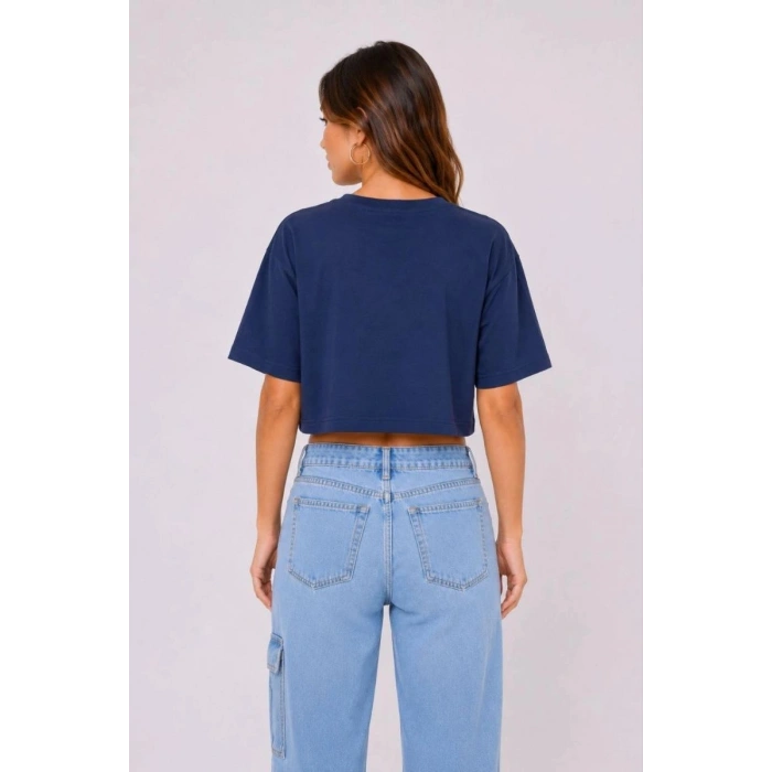 Kadın Kedi Baskılı Oversize Crop Tişört Salaş Basic Yarım Kol T-shirt - Lacivert