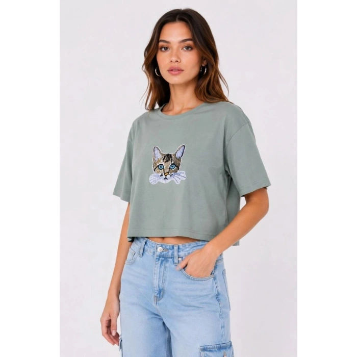 Kadın Kedi Baskılı Oversize Crop Tişört Salaş Basic Yarım Kol T-shirt - Mint Yeşili