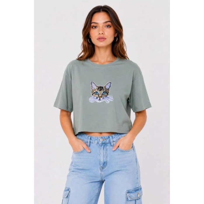 Kadın Kedi Baskılı Oversize Crop Tişört Salaş Basic Yarım Kol T-shirt - Mint Yeşili