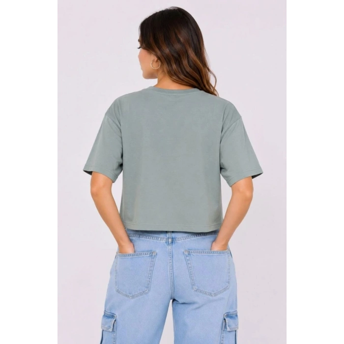 Kadın Kedi Baskılı Oversize Crop Tişört Salaş Basic Yarım Kol T-shirt - Mint Yeşili