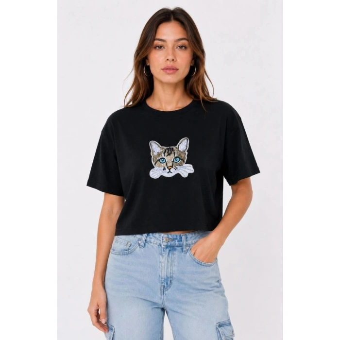 Kadın Kedi Baskılı Oversize Crop Tişört Salaş Basic Yarım Kol T-shirt - Siyah