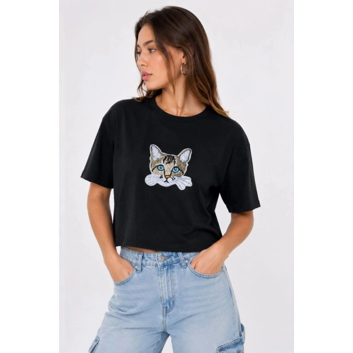 Kadın Kedi Baskılı Oversize Crop Tişört Salaş Basic Yarım Kol T-shirt - Siyah