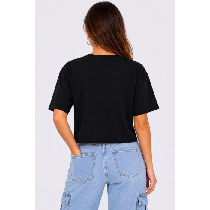 Kadın Kedi Baskılı Oversize Crop Tişört Salaş Basic Yarım Kol T-shirt - Siyah