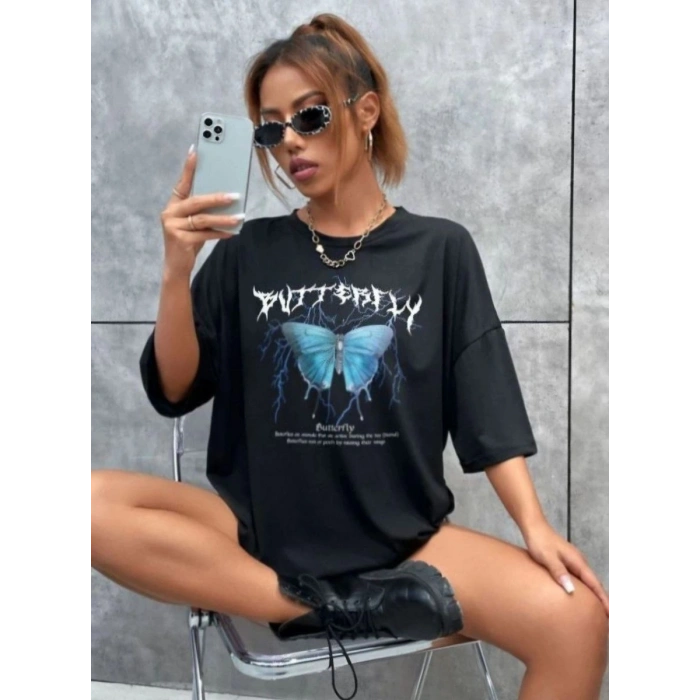 Kadın kelebek Baskılı Oversize kısa kol T-Shirt - Siyah