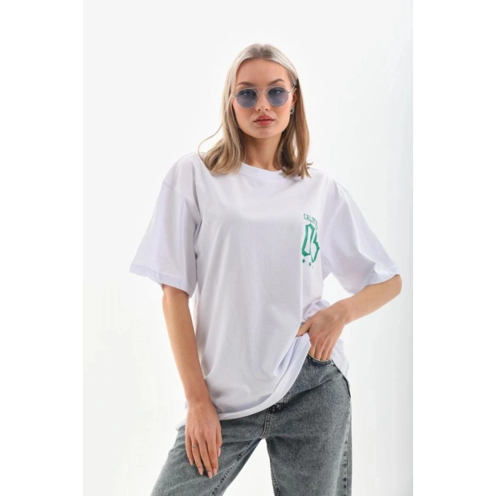 Kadın Kısa kol Oversize Baskılı T-Shirt - Beyaz