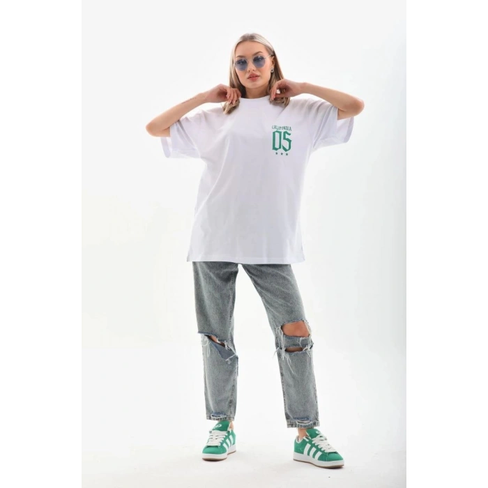 Kadın Kısa kol Oversize Baskılı T-Shirt - Beyaz