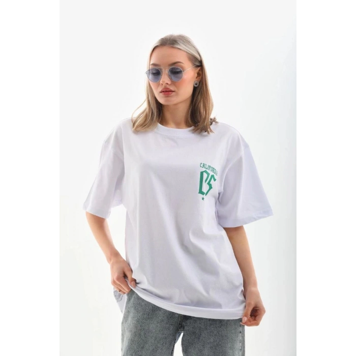 Kadın Kısa kol Oversize Baskılı T-Shirt - Beyaz