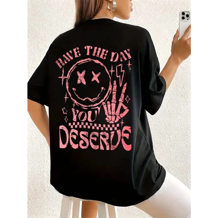 Kadın Kısa Kol Yazlık Tişört Bisiklet Yaka Baskılı Oversize T-Shirt - Siyah