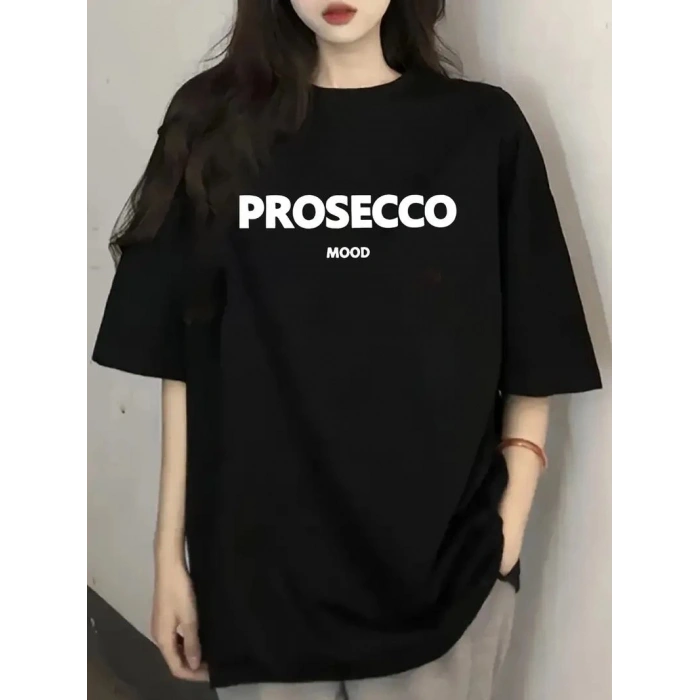 Kadın Kısa Kol Yazlık Tişört Bisiklet Yaka Baskılı Oversize T-Shirt - Siyah