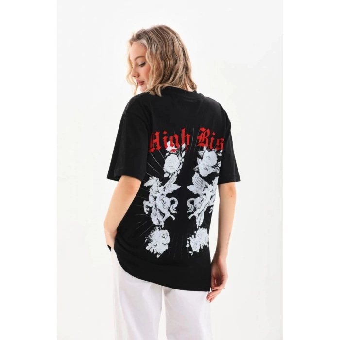 Kadın Kısa Kol Yazlık Tişört Bisiklet Yaka Baskılı Oversize T-Shirt - Siyah
