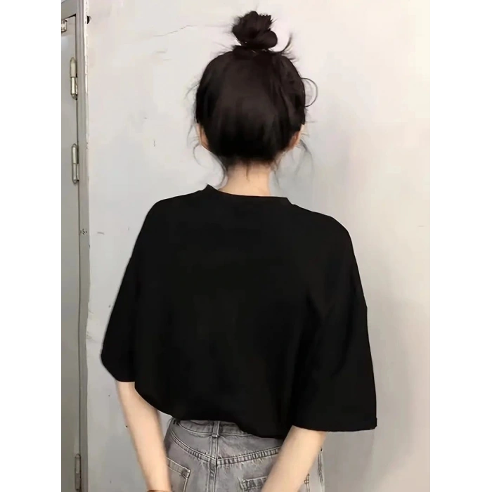 Kadın Kısa Kol Yazlık Tişört Bisiklet Yaka Baskılı Oversize T-Shirt - Siyah