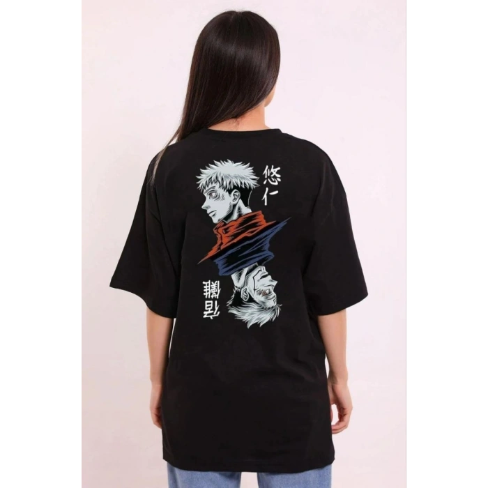 Kadın Kısa Kol Yazlık Tişört Bisiklet Yaka Baskılı Oversize T-Shirt - Siyah