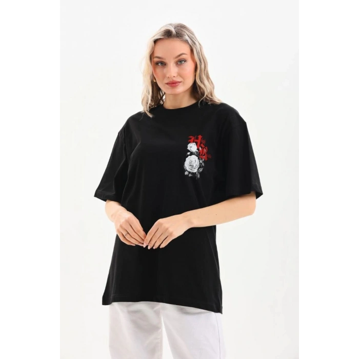 Kadın Kısa Kol Yazlık Tişört Bisiklet Yaka Baskılı Oversize T-Shirt - Siyah