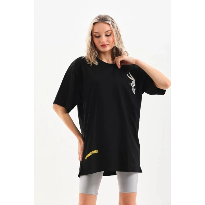 Kadın Kısa Kol Yazlık Tişört Bisiklet Yaka Baskılı Oversize T-Shirt - Siyah