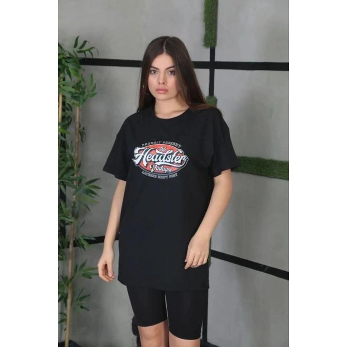 Kadın Kısa Kol Yazlık Tişört Bisiklet Yaka Baskılı Oversize T-Shirt - Siyah