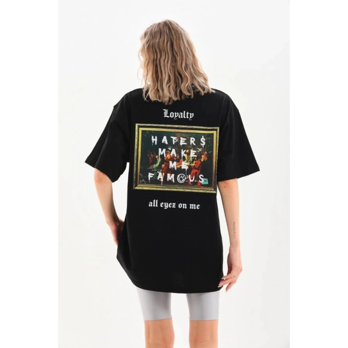 Kadın Kısa Kol Yazlık Tişört Bisiklet Yaka Baskılı Oversize T-Shirt - Siyah
