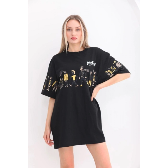 Kadın Kısa Kol Yazlık Tişört Bisiklet Yaka Baskılı Oversize T-Shirt - Siyah