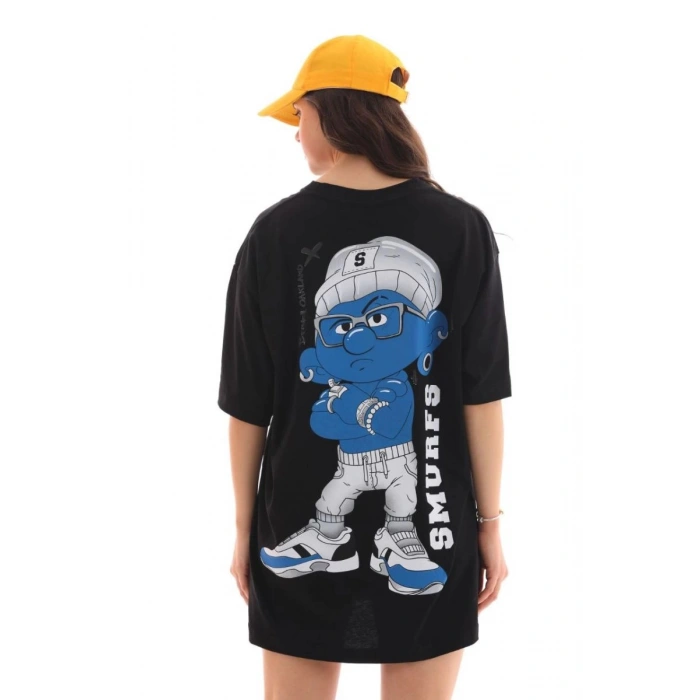 Kadın Kısa Kol Yazlık Tişört Bisiklet Yaka Baskılı Oversize T-Shirt - Siyah