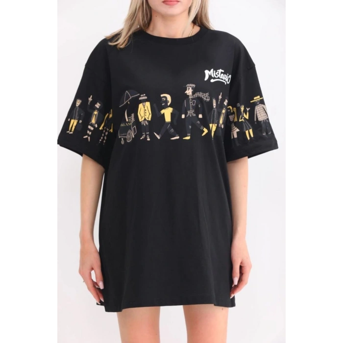 Kadın Kısa Kol Yazlık Tişört Bisiklet Yaka Baskılı Oversize T-Shirt - Siyah