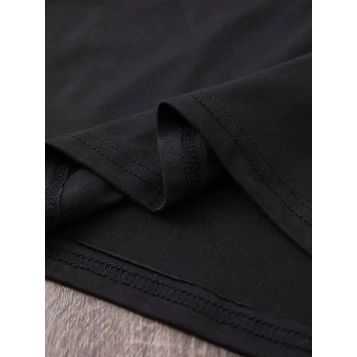 Kadın Kısa Kol Yazlık Tişört Bisiklet Yaka Baskılı Oversize T-Shirt - Siyah