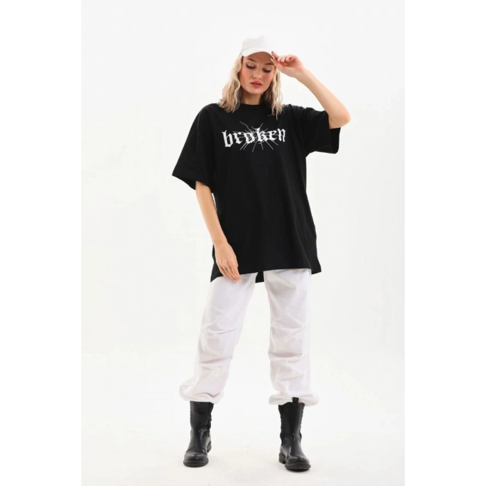 Kadın Kısa Kol Yazlık Tişört Bisiklet Yaka Baskılı Oversize T-Shirt - Siyah
