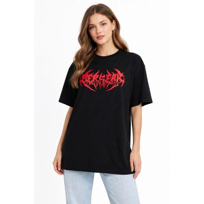 Kadın Kısa Kol Yazlık Tişört Bisiklet Yaka Baskılı Oversize T-Shirt -  Siyah
