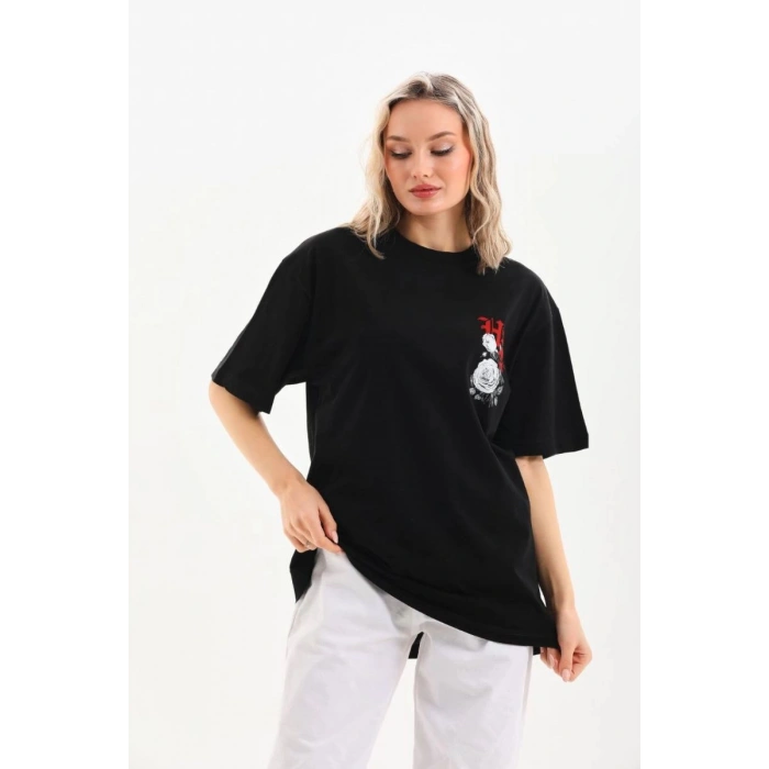 Kadın Kısa Kol Yazlık Tişört Bisiklet Yaka Baskılı Oversize T-Shirt - Siyah