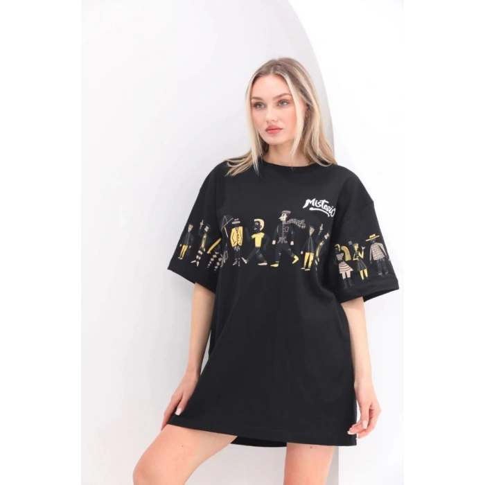 Kadın Kısa Kol Yazlık Tişört Bisiklet Yaka Baskılı Oversize T-Shirt - Siyah