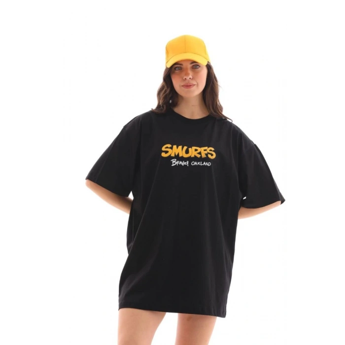 Kadın Kısa Kol Yazlık Tişört Bisiklet Yaka Baskılı Oversize T-Shirt - Siyah