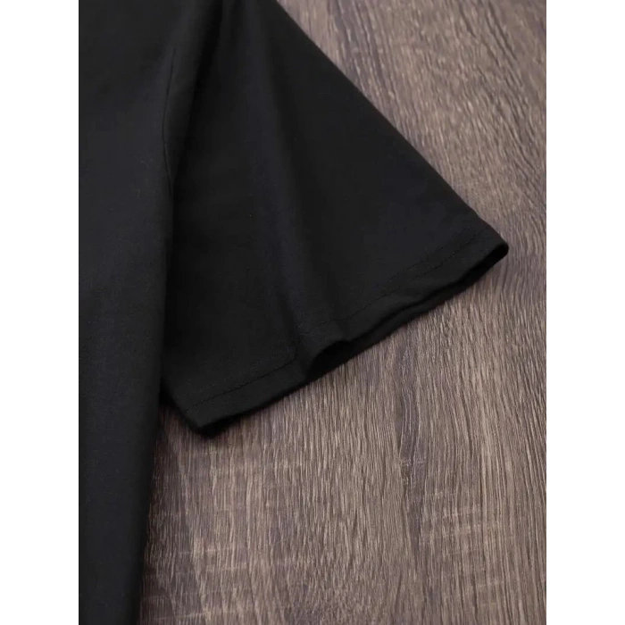 Kadın Kısa Kol Yazlık Tişört Bisiklet Yaka Baskılı Oversize T-Shirt - Siyah