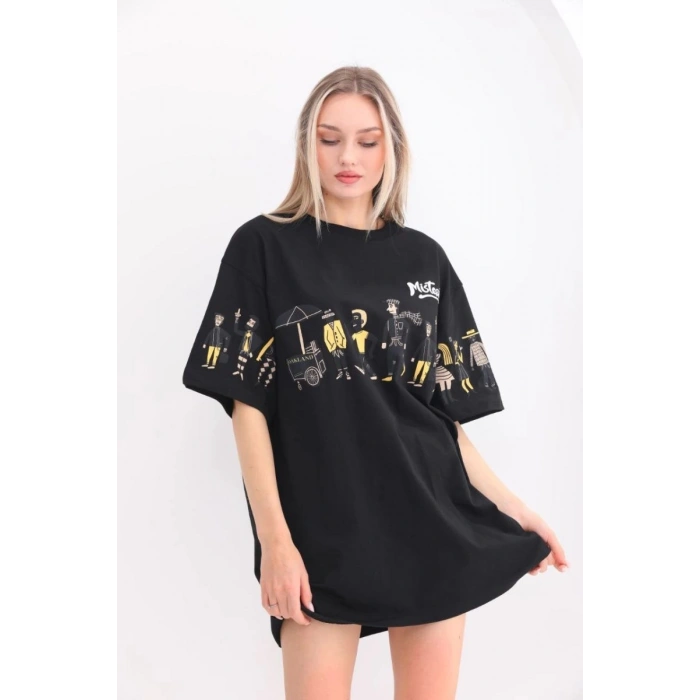 Kadın Kısa Kol Yazlık Tişört Bisiklet Yaka Baskılı Oversize T-Shirt - Siyah