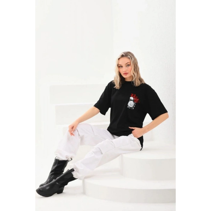 Kadın Kısa Kol Yazlık Tişört Bisiklet Yaka Baskılı Oversize T-Shirt - Siyah