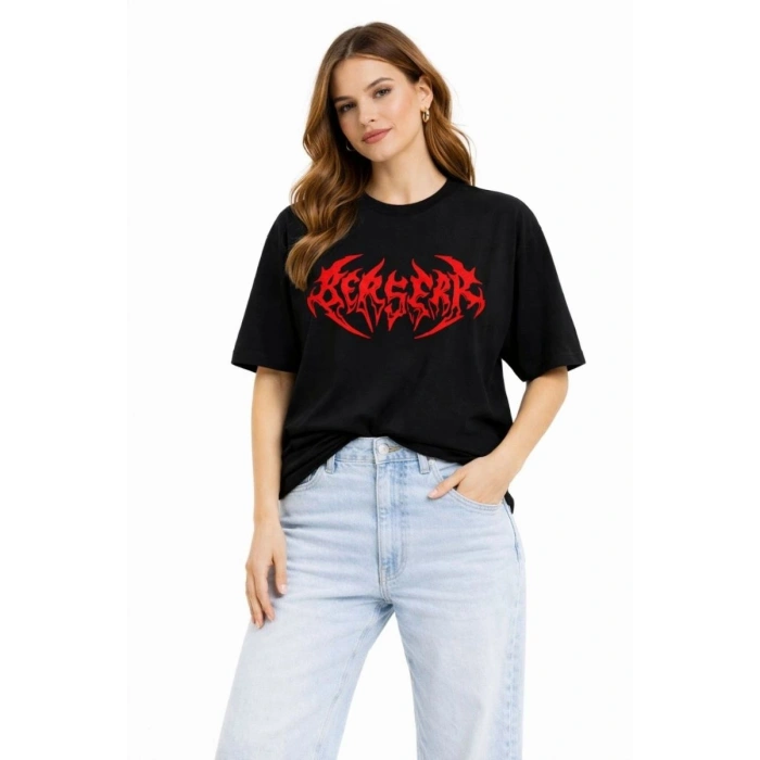 Kadın Kısa Kol Yazlık Tişört Bisiklet Yaka Baskılı Oversize T-Shirt -  Siyah