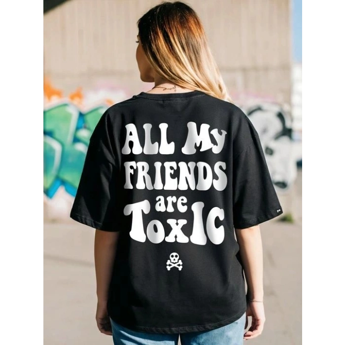 Kadın Kısa Kol Yazlık Tişört Bisiklet Yaka Baskılı Oversize T-Shirt - Siyah