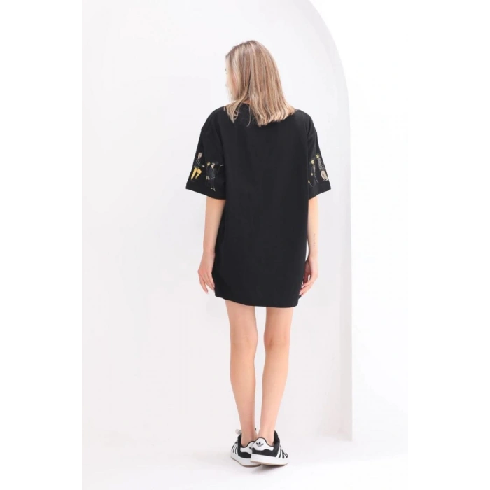 Kadın Kısa Kol Yazlık Tişört Bisiklet Yaka Baskılı Oversize T-Shirt - Siyah