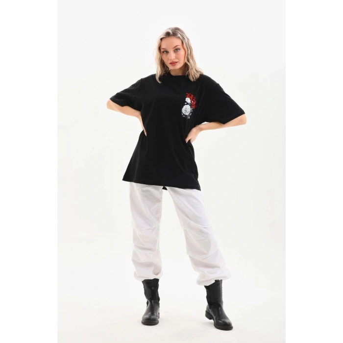 Kadın Kısa Kol Yazlık Tişört Bisiklet Yaka Baskılı Oversize T-Shirt - Siyah