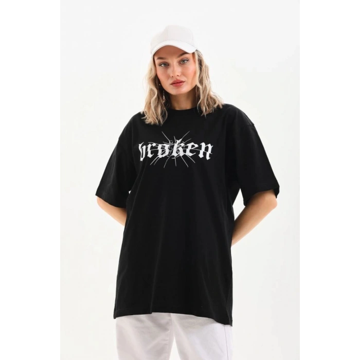 Kadın Kısa Kol Yazlık Tişört Bisiklet Yaka Baskılı Oversize T-Shirt - Siyah