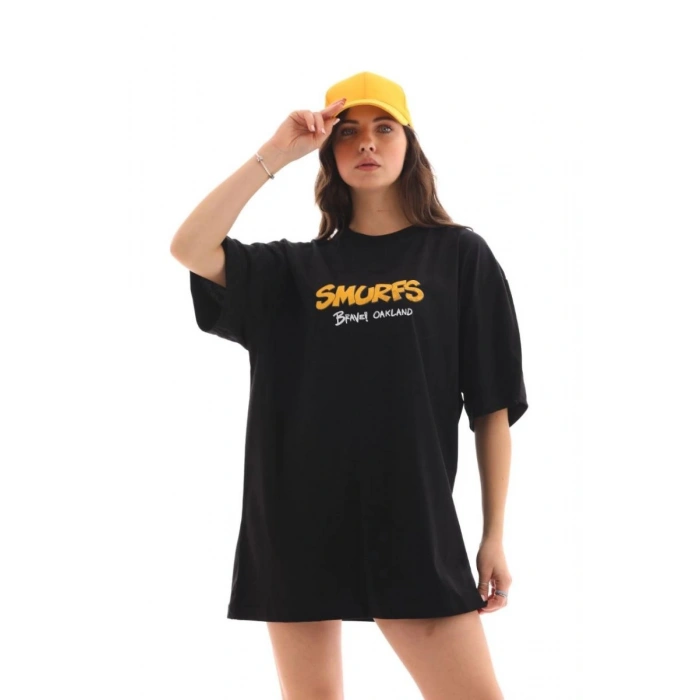 Kadın Kısa Kol Yazlık Tişört Bisiklet Yaka Baskılı Oversize T-Shirt - Siyah