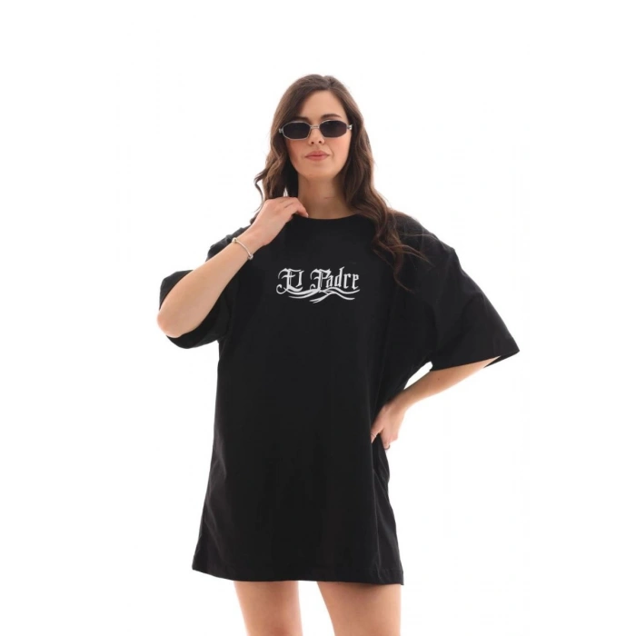 Kadın Kısa Kol Yazlık Tişört Bisiklet Yaka Baskılı Oversize T-Shirt - Siyah