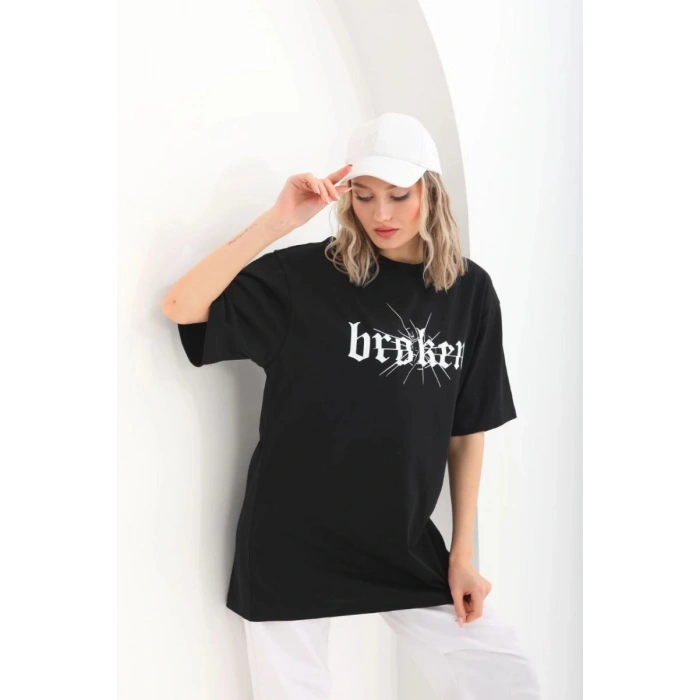 Kadın Kısa Kol Yazlık Tişört Bisiklet Yaka Baskılı Oversize T-Shirt - Siyah