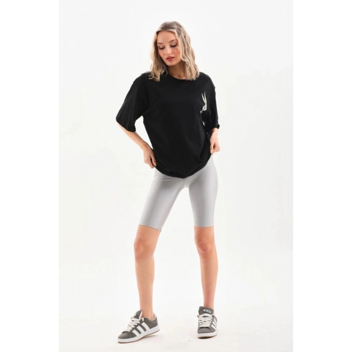 Kadın Kısa Kol Yazlık Tişört Bisiklet Yaka Baskılı Oversize T-Shirt - Siyah