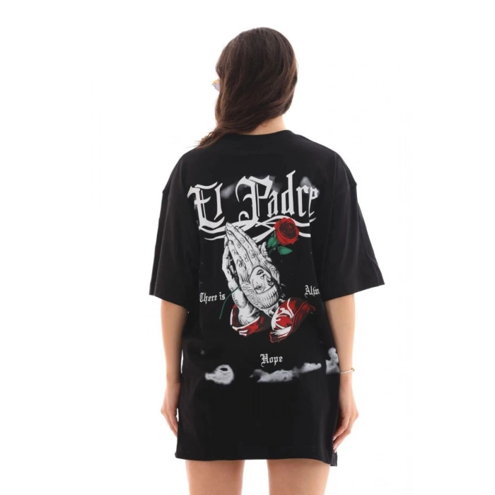 Kadın Kısa Kol Yazlık Tişört Bisiklet Yaka Baskılı Oversize T-Shirt - Siyah